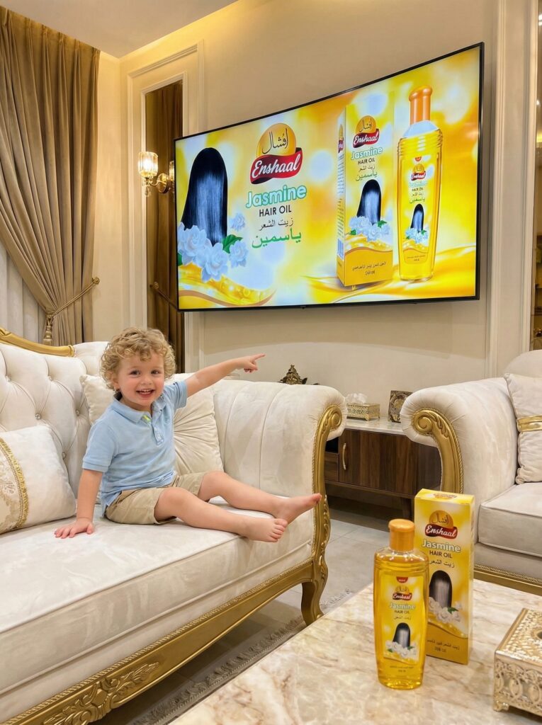 Enshaal jasmine hair oil Ads | Baby is Watching on Screen the ad of Enshaal jasmine hair oil 200 ml Shop