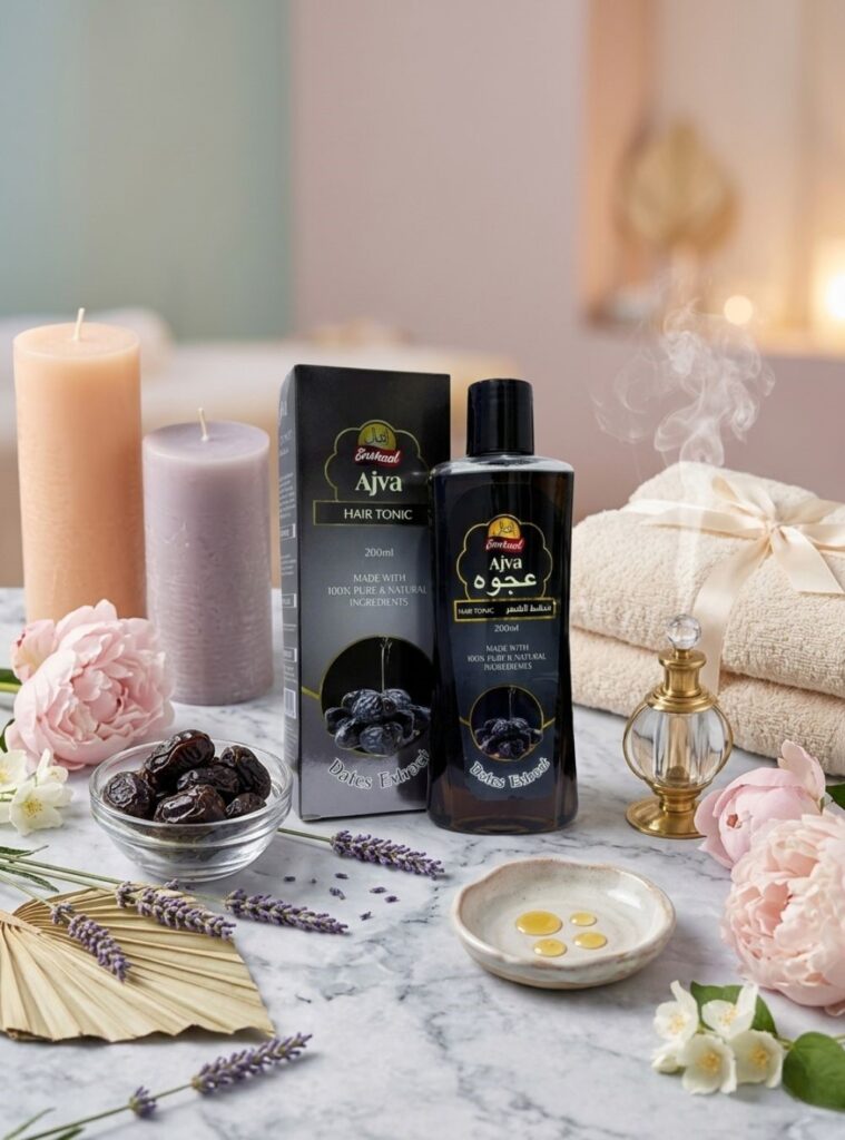 relaxing spa setup with Ajva hair oil